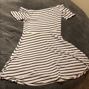 White with black stripe off the shoulder dress
